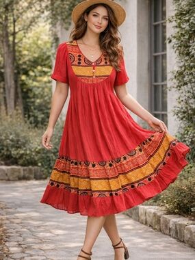 VTG Boho Tribal Festival Prairie Dress National Patchwork Cotton Red Tiered Sz M